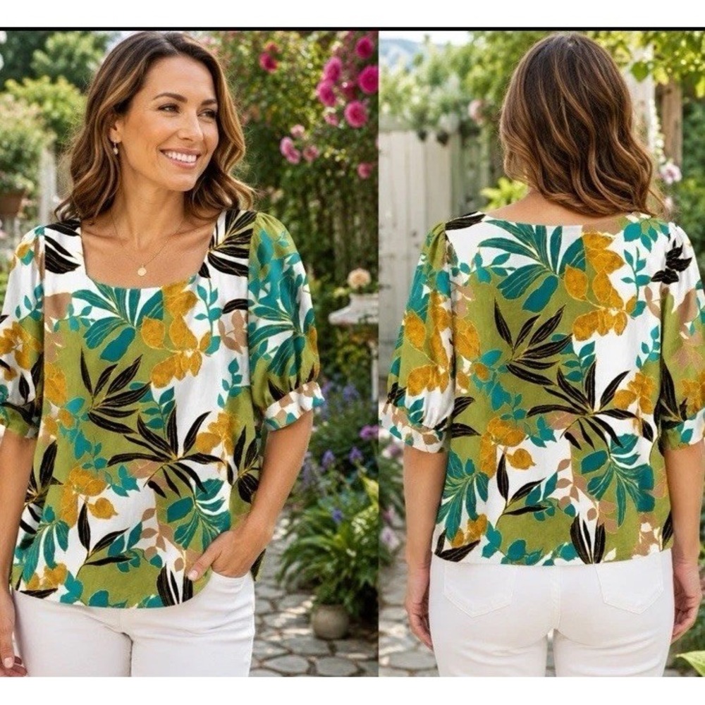 Chicos 3 US XL Spanish Moss Tropical Short Puff Sleeve Shirt Floral Stretch Knit